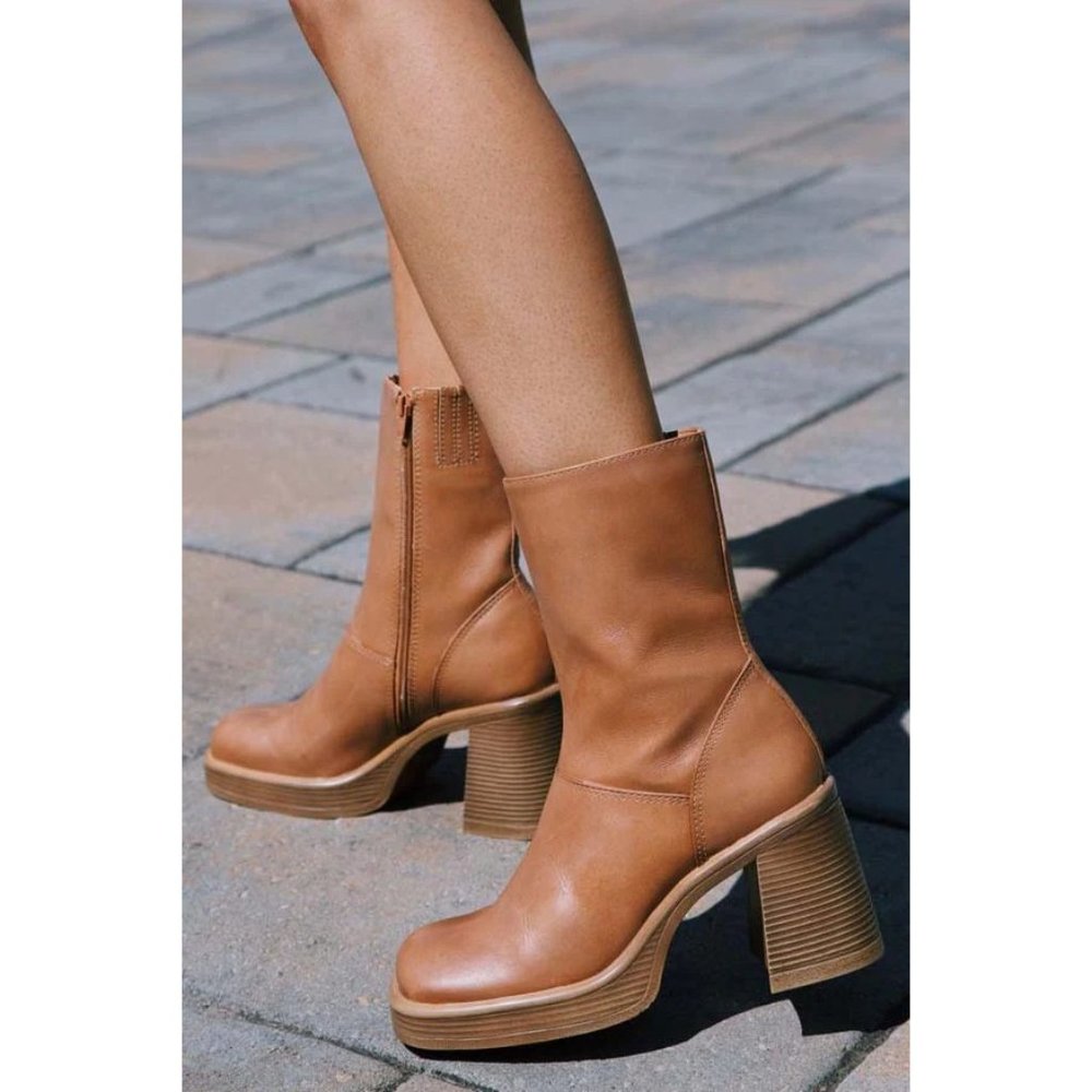 Steve Madden Tan Leather Platform Heeled Boots 7.5 - Picture 15 of 15